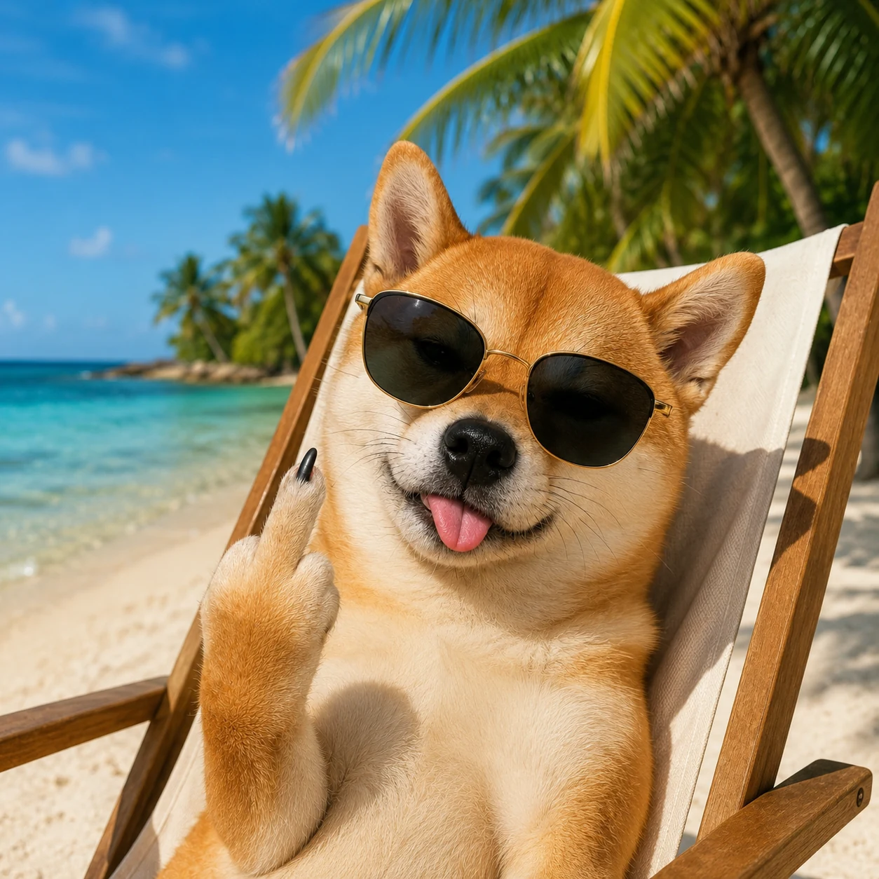 Sassy Shiba relaxing on a tropical beach