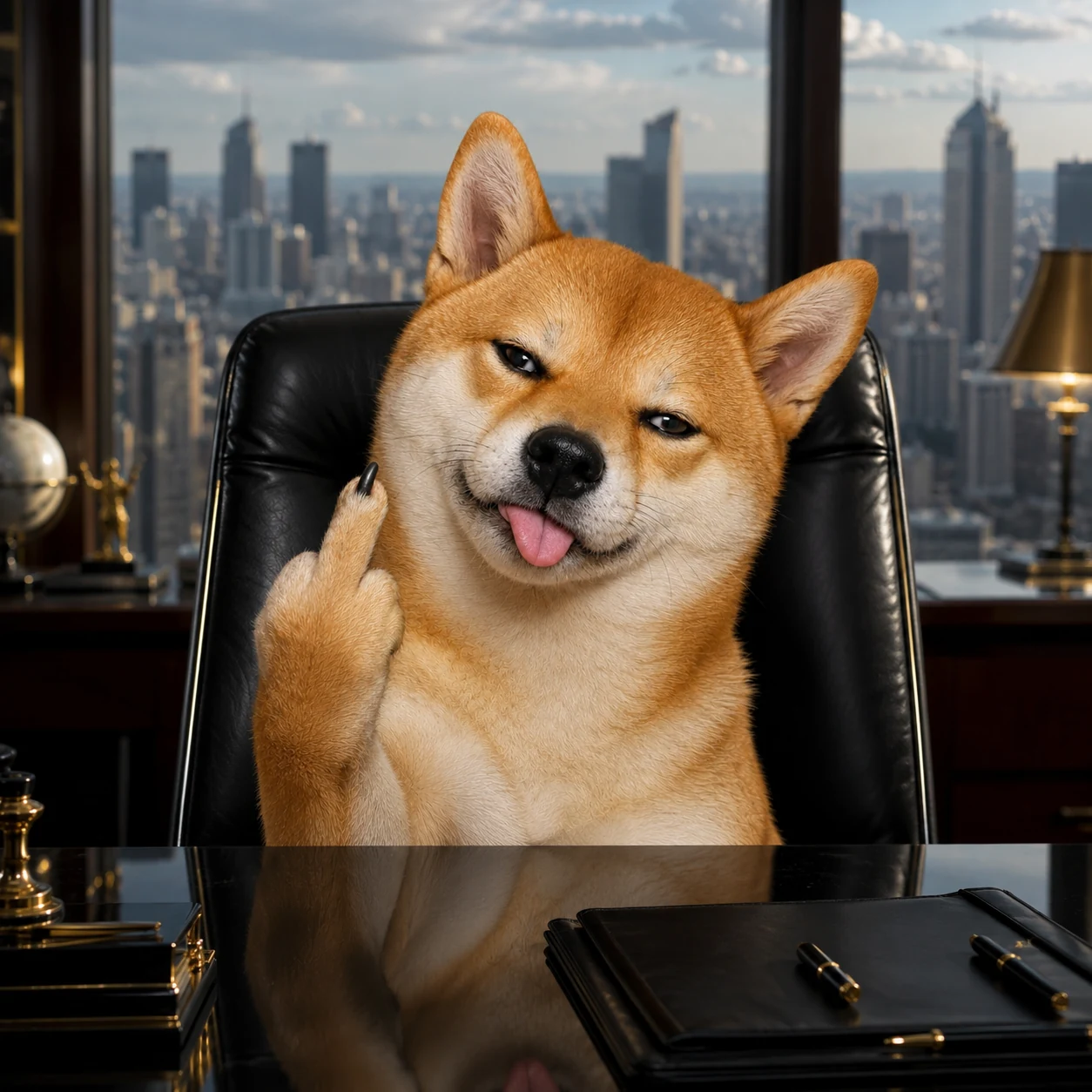 Sassy Shiba in an executive office