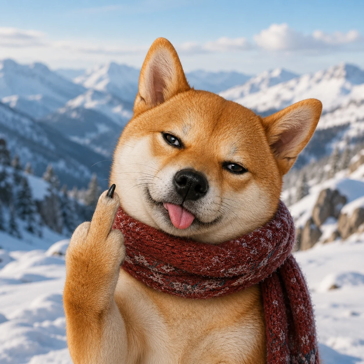 Sassy Shiba in snowy mountains