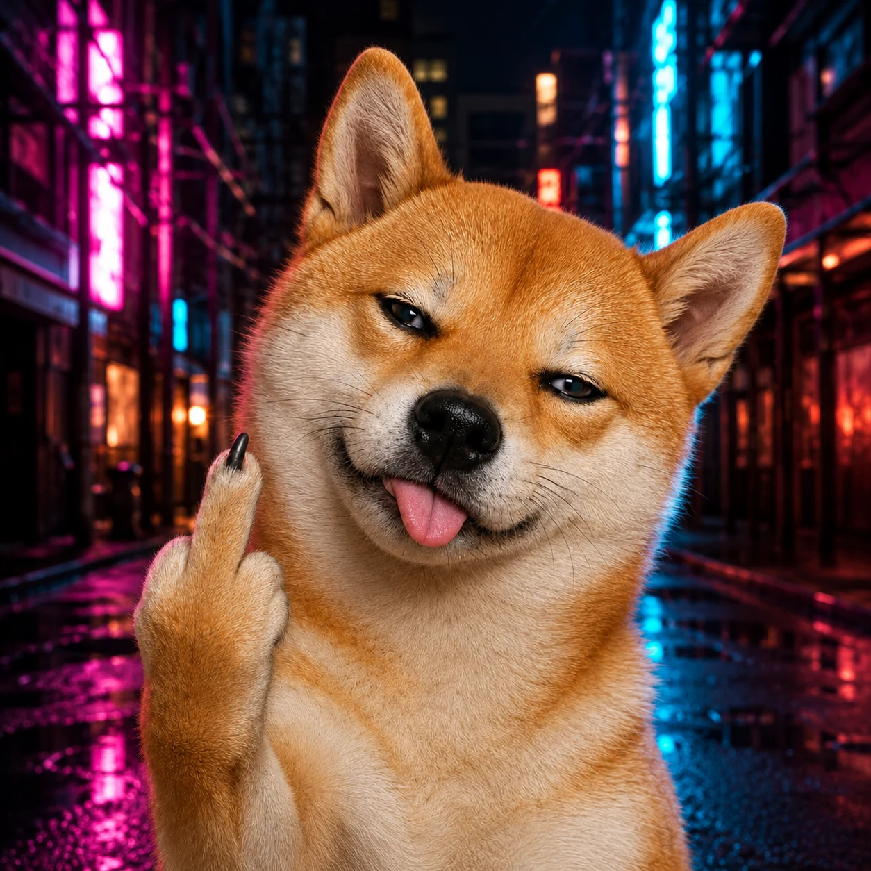 Sassy Shiba in a neon city